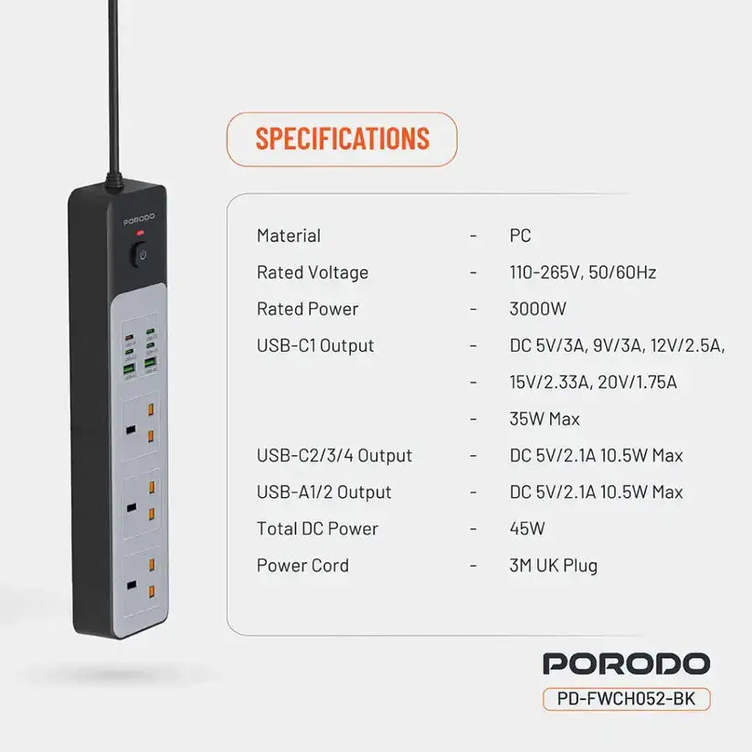 FWCH052- BK | Porodo 3AC | 45W | 300W Power Strip | Black - GulfStore.com