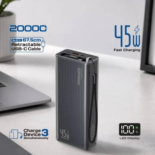 PROMATE Lucid-45W.Black 20,000mAh power bank featuring 45W fast charging, a built-in retractable USB-C cable for cable-free convenience