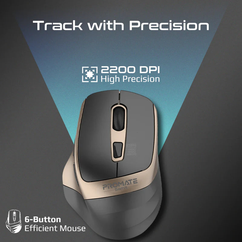 PROMATE - Samit2.4GHz Ergonomic 2200 DPI Silent Click Wireless Mouse - Gold