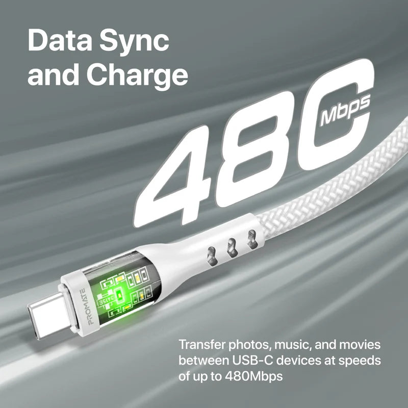 PROMATE - TransLine-CC60W 1.2M Power Delivery Ultra-Fast USB-C Cable with Transparent Shells - White