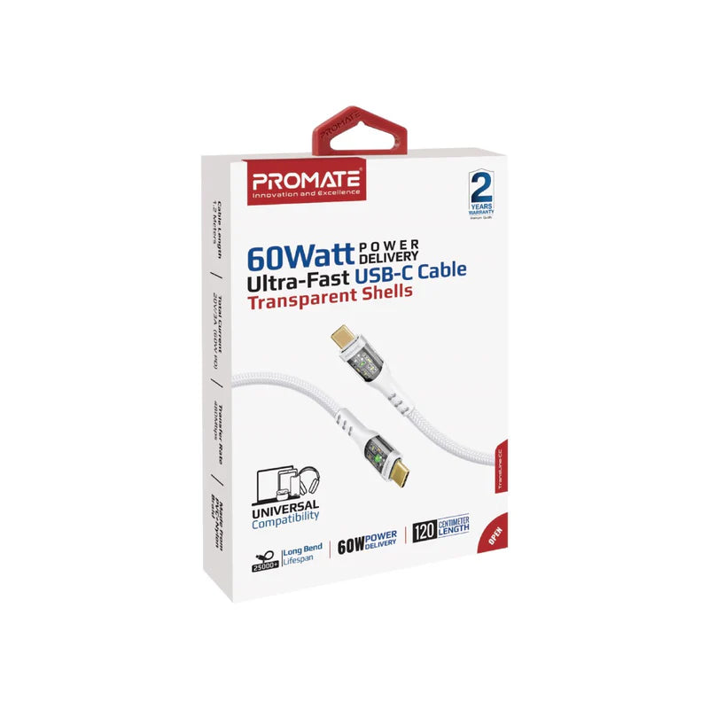 PROMATE - TransLine-CC60W 1.2M Power Delivery Ultra-Fast USB-C Cable with Transparent Shells - White