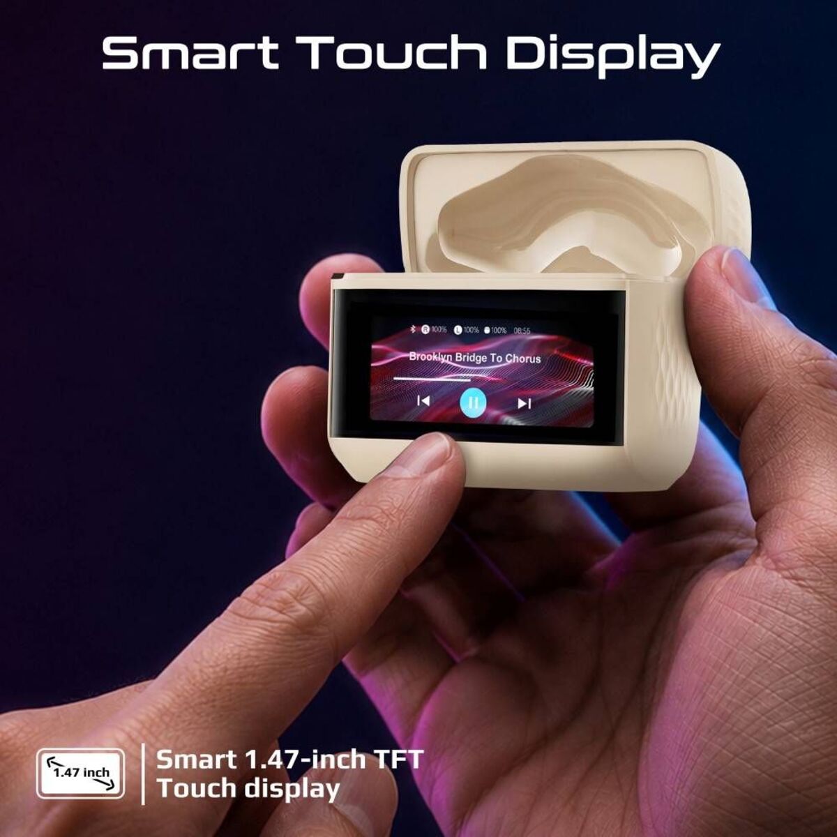 PROMATE Arix HD TWS Earbuds with ANC, ENC, and Smart IPS Touch Display • 40 Hours Playback w/ Case • Quad Forward Mics • Active Noise Cancellation - Beige