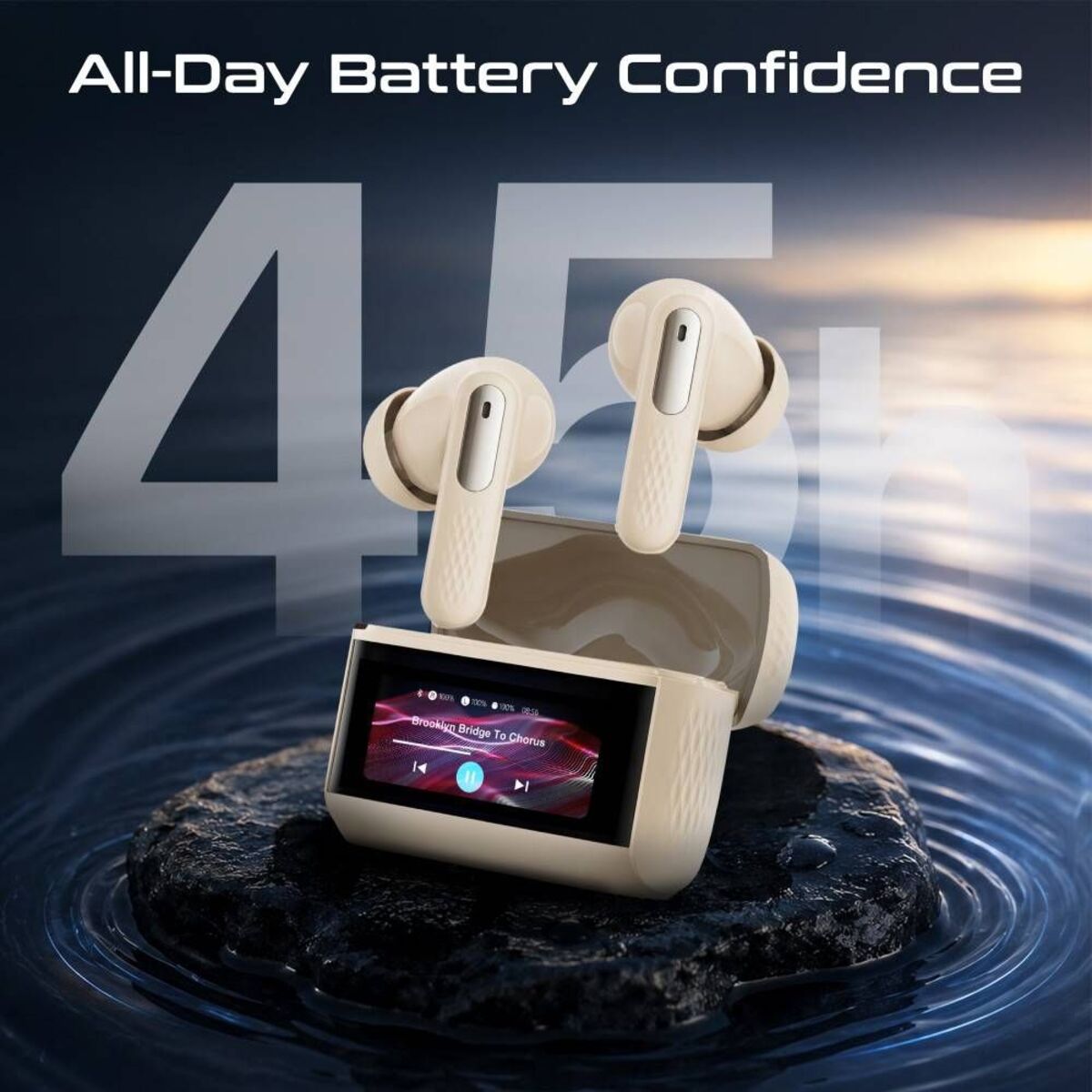 PROMATE Arix HD TWS Earbuds with ANC, ENC, and Smart IPS Touch Display • 40 Hours Playback w/ Case • Quad Forward Mics • Active Noise Cancellation - Beige