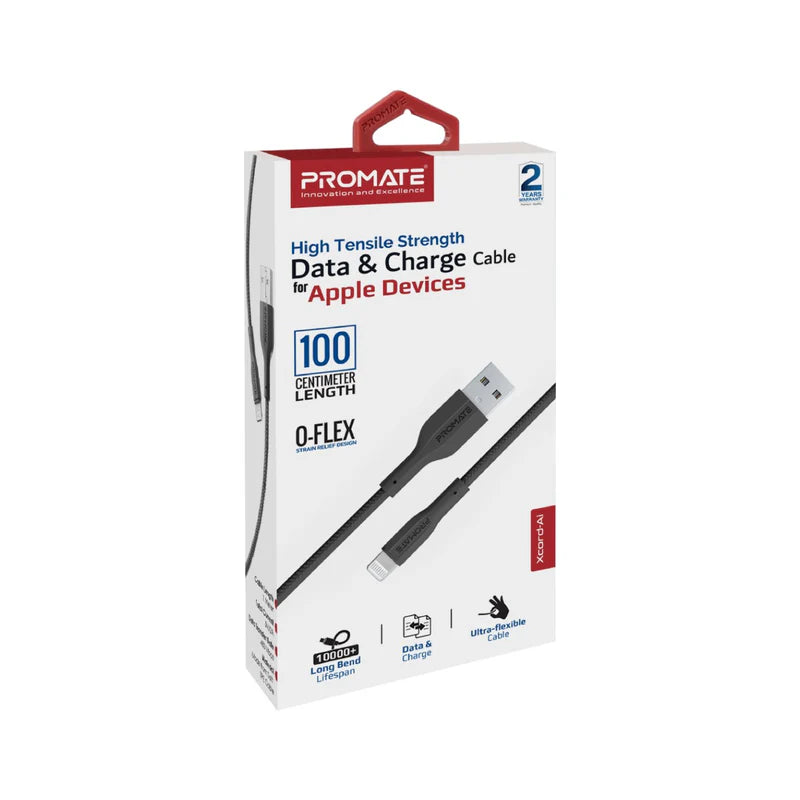 PROMATE - xCord-Ai 1M High Tensile Strength Data & Charge Cable for Apple Devices - Black