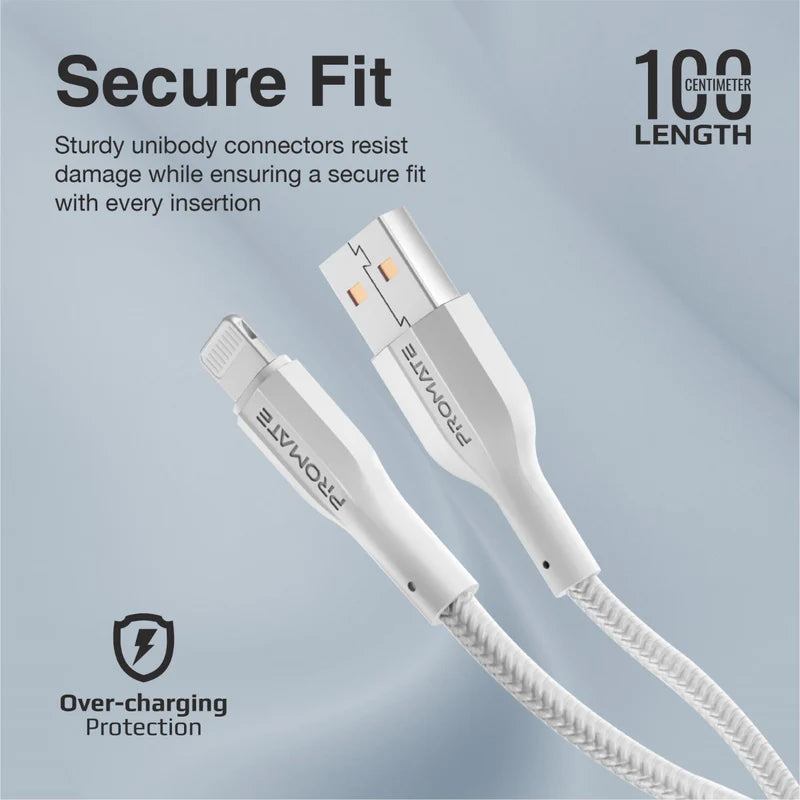 PROMATE - xCord-Ai 1M High Tensile Strength Data & Charge Cable for Apple Devices - White