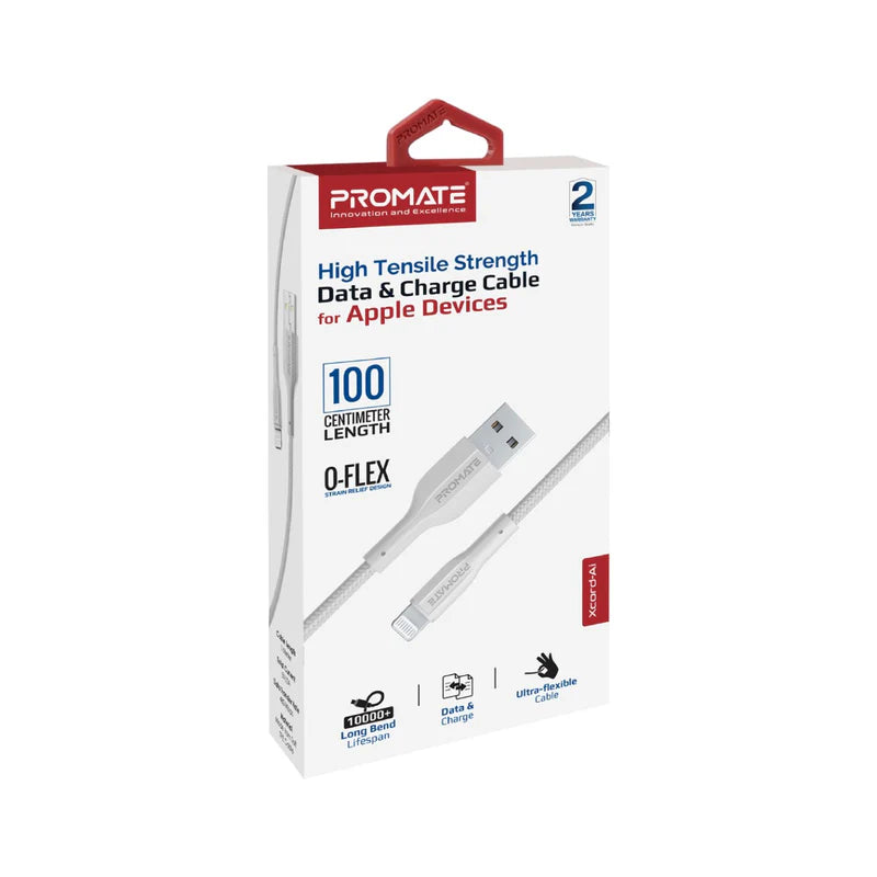 PROMATE - xCord-Ai 1M High Tensile Strength Data & Charge Cable for Apple Devices - White