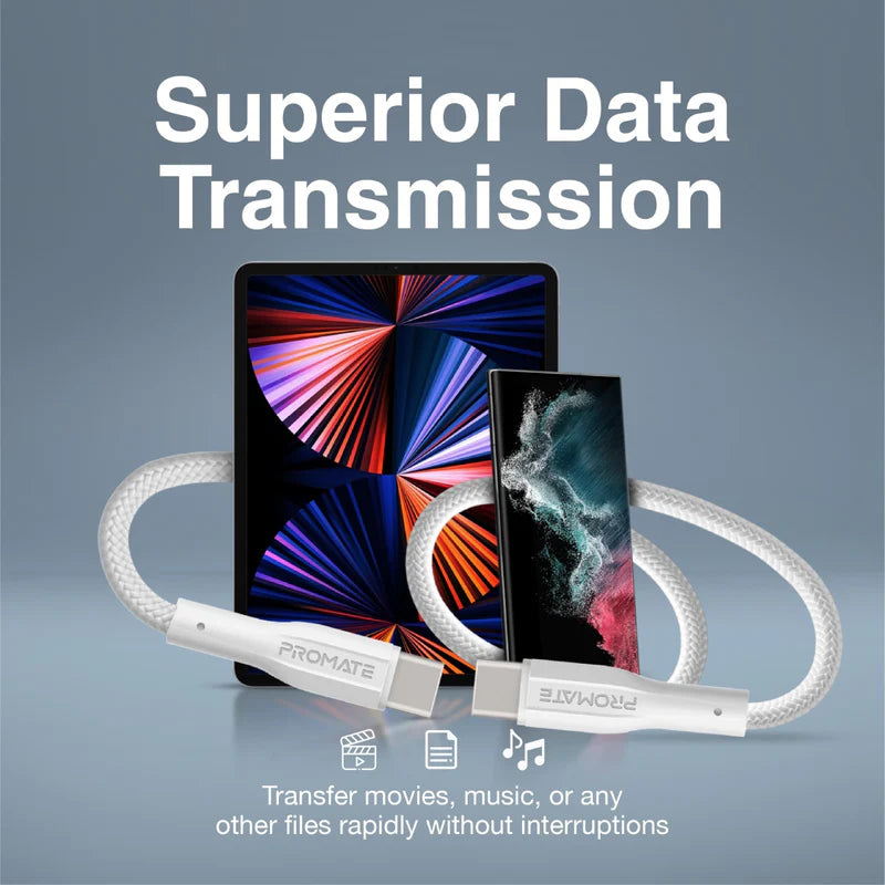 PROMATE - xCord-CC 1M High Tensile Strength Data & Charge USB-C Cable - White