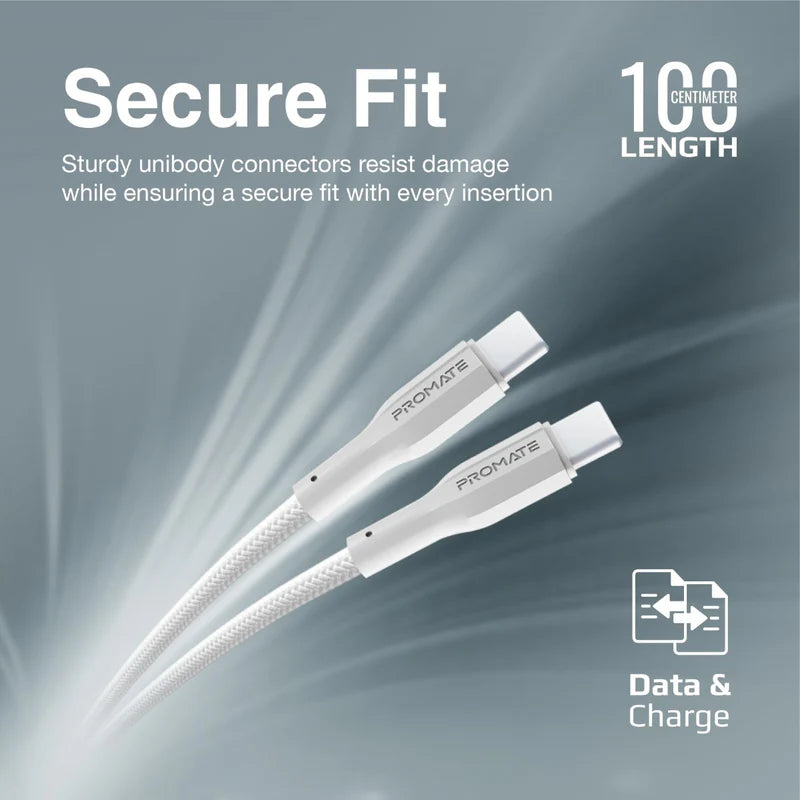 PROMATE - xCord-CC 1M High Tensile Strength Data & Charge USB-C Cable - White
