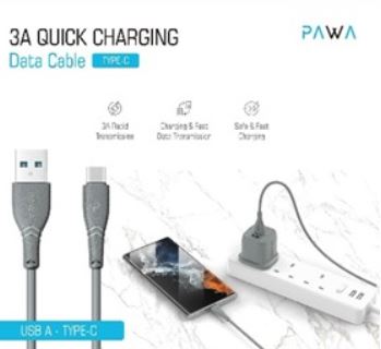 Pawa - PW-12PVCATOC-GY,Pawa USB-A to TYPE-C 3A Quick Charging PVC Cable 1.2m/4ft,Grey