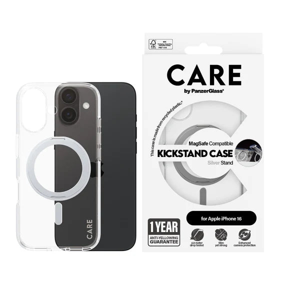 CARE™ by PanzerGlass® Case Transparent w. Silver Kickstand & MagSafe iPhone 16