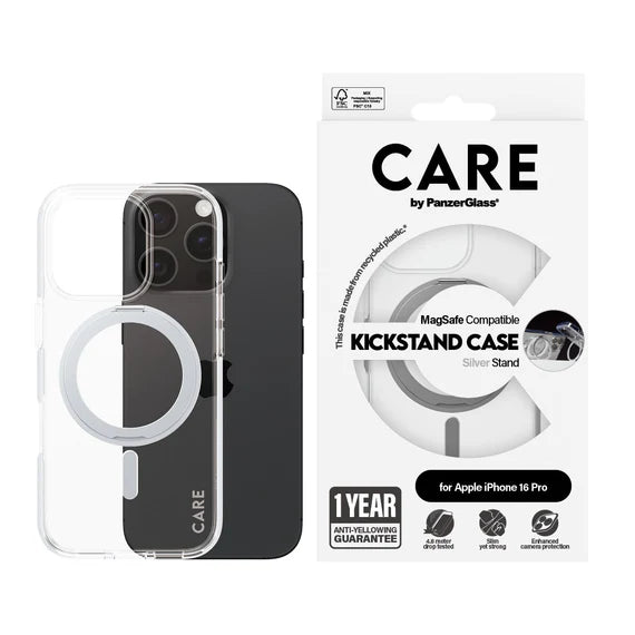 CARE™ by PanzerGlass® Case Transparent w. Silver Kickstand & MagSafe iPhone 16 Pro