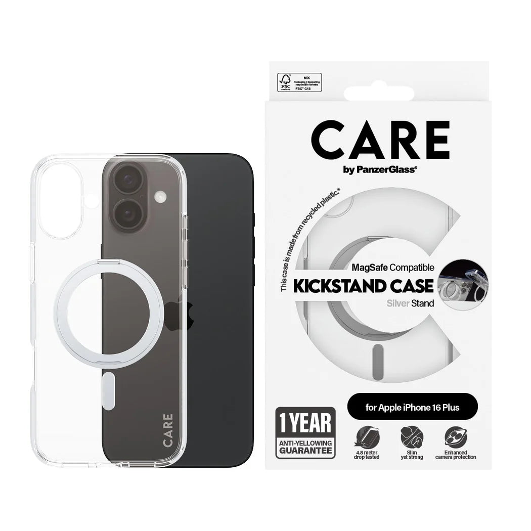 9000300450 | غطاء CARE™ من PanzerGlass® شفاف مع مسند فضي و MagSafe لهاتف iPhone 16 Plus