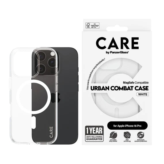 جراب CARE™ من PanzerGlass® Urban Combat الشفاف مع MagSafe أبيض لهاتف iPhone 16 Pro