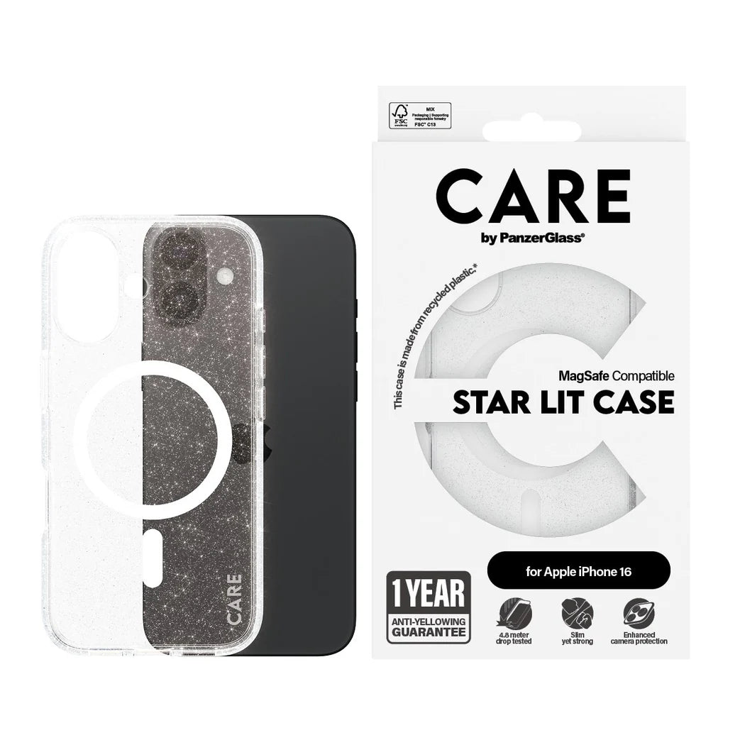 جراب CARE من PanzerGlass Urban Combat باللون الأبيض بنمط النجوم المضيئة، يدعم MagSafe، لهاتف iPhone 16