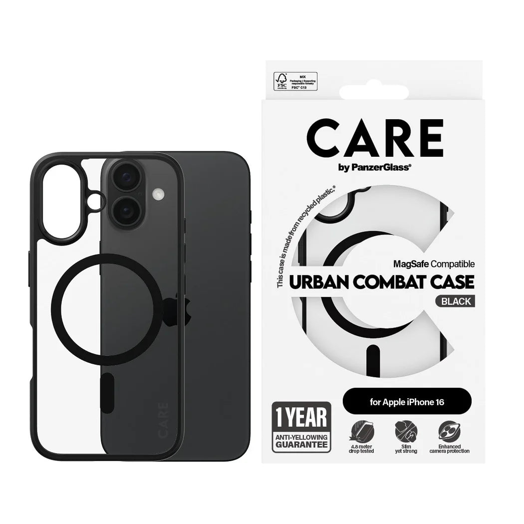 9000300436 | غطاء CARE™ من PanzerGlass® Urban Combat شفاف بإطار أسود و MagSafe لهاتف iPhone 16