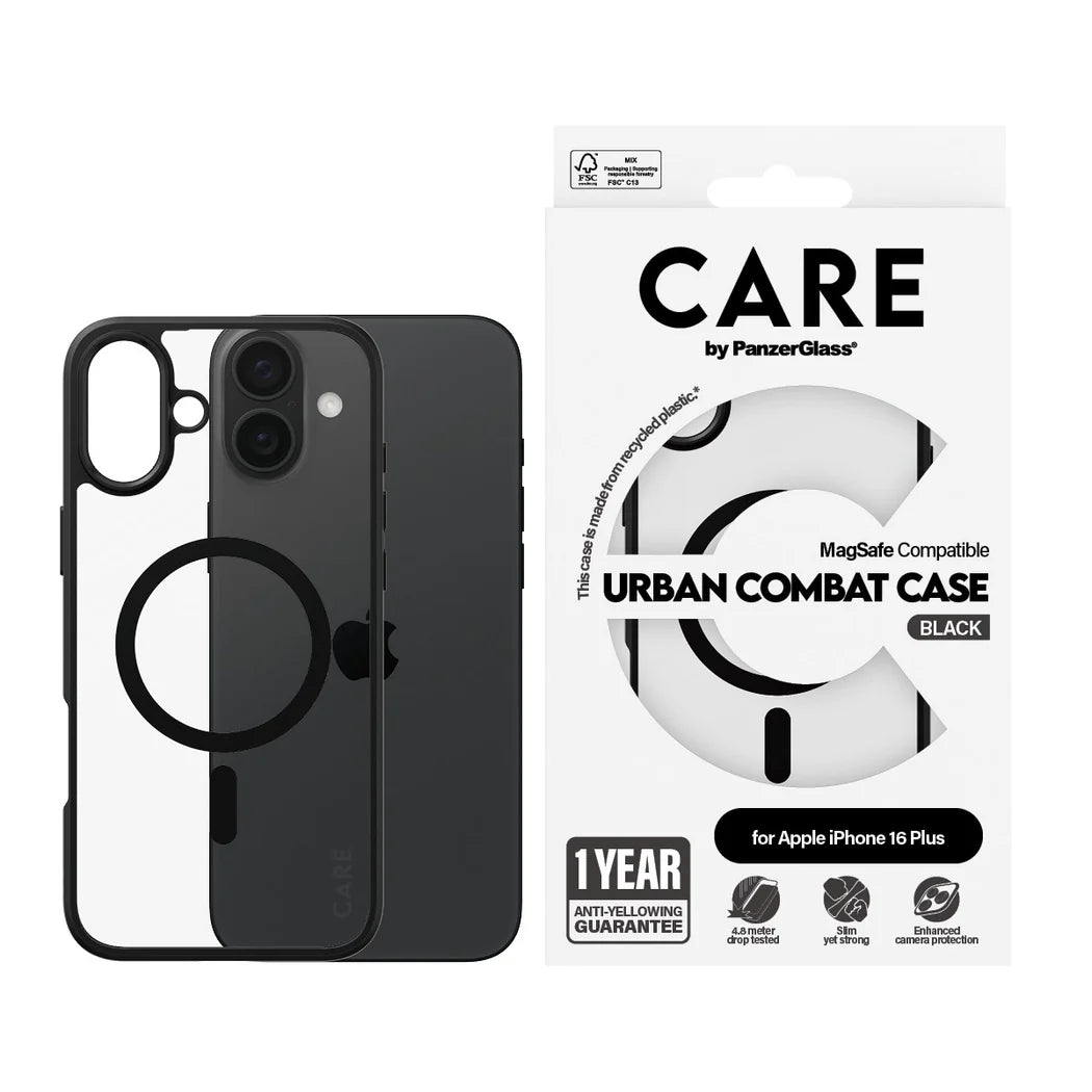 9000300438 | غطاء CARE™ من PanzerGlass® Urban Combat شفاف بإطار أسود و MagSafe لهاتف iPhone 16 Plus