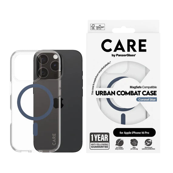 CARE™ by PanzerGlass® Urban Combat Case Transparent w. Blue MagSafe iPhone 16 Pro