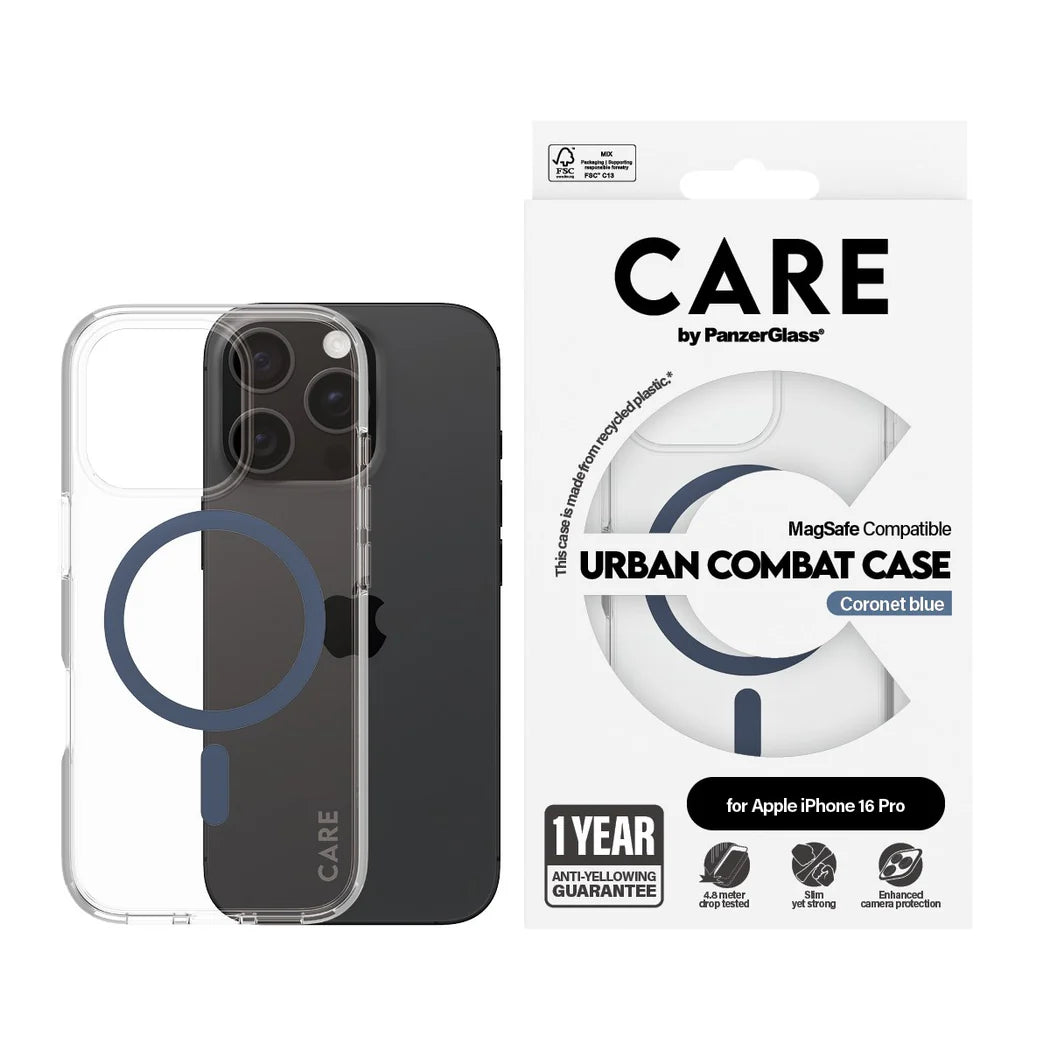 جراب CARE من PanzerGlass Urban Combat، شفاف أزرق، مزود بتقنية MagSafe، لهاتف iPhone 16 Pro