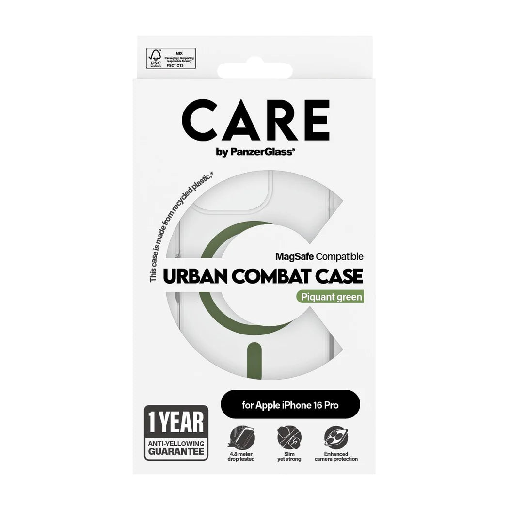 جراب CARE من PanzerGlass Urban Combat، شفاف أخضر، يدعم MagSafe، لهاتف iPhone 16 Pro