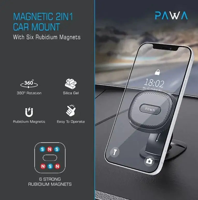 Pawa - PW-CH216RM-BK,Pawa Magnetic 2IN1 Car Mount with Six Rubidium MagnetBlack - GulfStore.com
