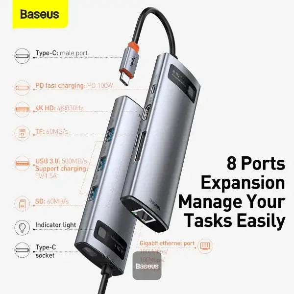 BASEUS | CAHUB-CV0G | Hub 8W1 Metal Gleam Series, Usb-C Do 3X Usb 3.0 + Hdmi + Usb-C Pd + Ethernet Rj45 + Micro SD/SD - GulfStore.com