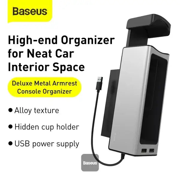 BASEUS | CRCWH-A05S | Deluxe Metal Armrest Console Organizer + Dual Usb Power Supply | Silver - GulfStore.com