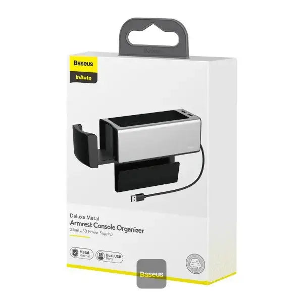 BASEUS | CRCWH-A05S | Deluxe Metal Armrest Console Organizer + Dual Usb Power Supply | Silver - GulfStore.com