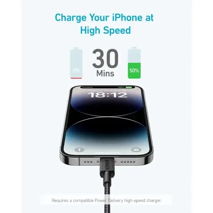 Anker 322 USB-C to Lightning Cable Braided (0.9m/3ft) A81B5H11 - Black - GulfStore.com