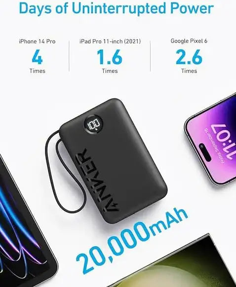 Anker 335 Power Bank (20K 22.5W PD, Built-In USB-C Cable) -Black A1647H11 - GulfStore.com