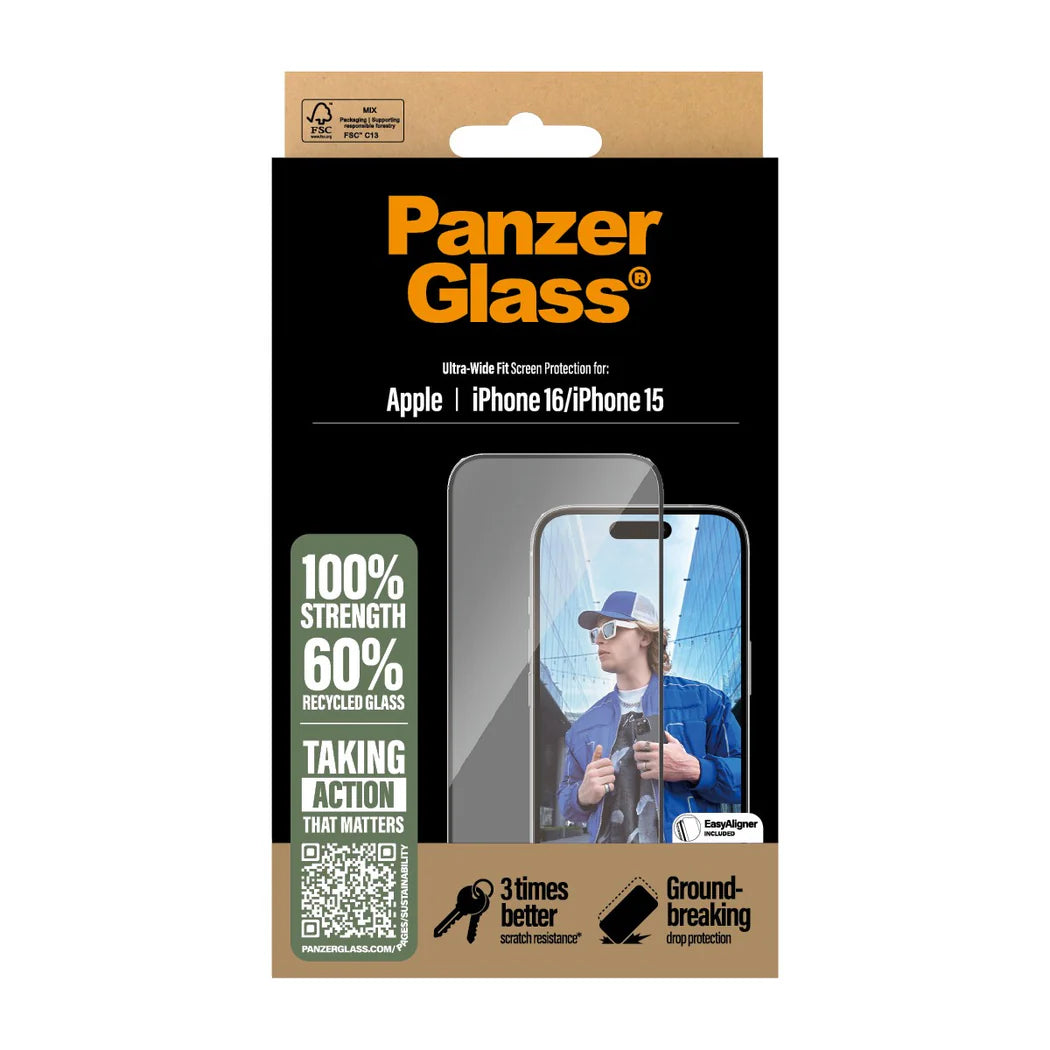 9000300476 | واقي شاشة PanzerGlass® لهواتف iPhone 16 و 15 | مقاس عريض للغاية
