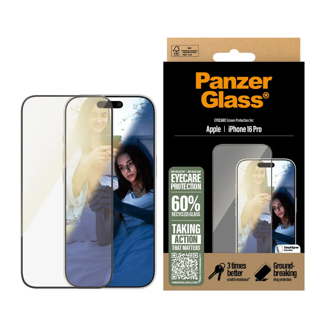 9000300493 | واقي شاشة PanzerGlass® EyeCARE™ لهاتف iPhone 16 Pro | مقاس عريض للغاية