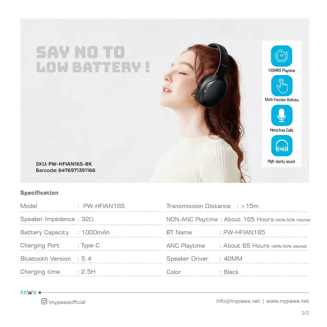 Pawa Infinite ANC Wireless Noise Cancelling Headphone 165HRS Playtime-Black ( PW-HFIAN165-BK) - GulfStore.com