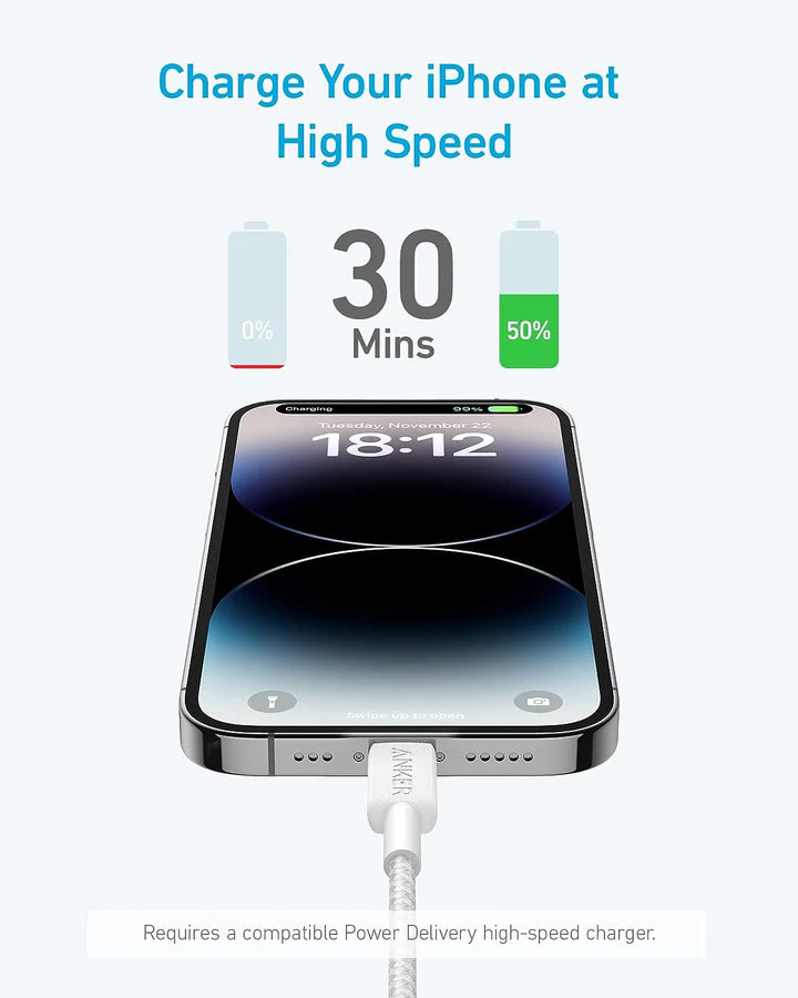 A81B5H21 | Anker 322 USB-C to Lightning Cable | 3ft/0.90 M Braided | White