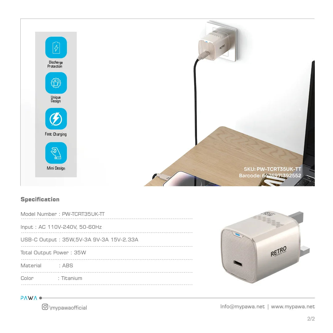PW-TCRT35UK-TT | قابس باوا ريترو 35 واط بمنفذ Type-C من المملكة المتحدة | تيتانيوم