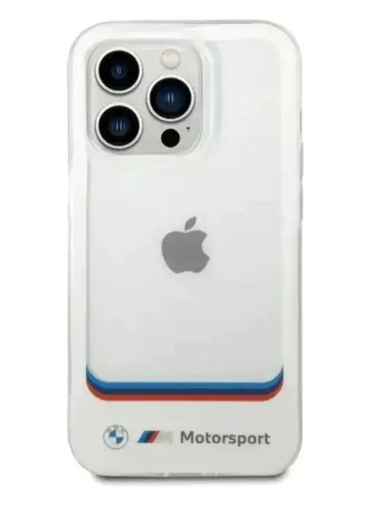 BMW iPhone 14 Pro Motorsport Collection PC/TPU IML Case Big Square Transparent and Printed Bottom Logo - White - GulfStore.com