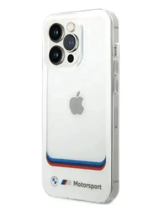 BMW iPhone 14 Pro Motorsport Collection PC/TPU IML Case Big Square Transparent and Printed Bottom Logo - White - GulfStore.com