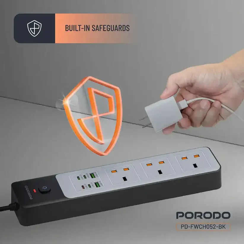 FWCH052- BK | Porodo 3AC | 45W | 300W Power Strip | Black - GulfStore.com
