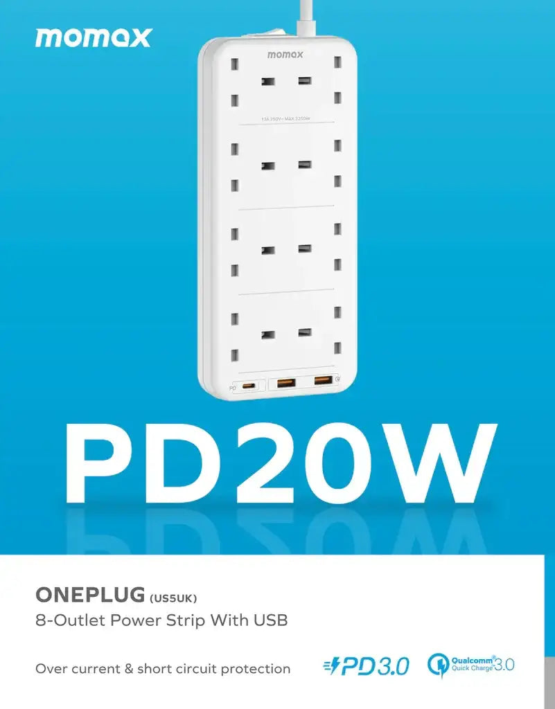 Momax ONEPLUG PD20W 2A1C 8 outlet strip - White - GulfStore.com
