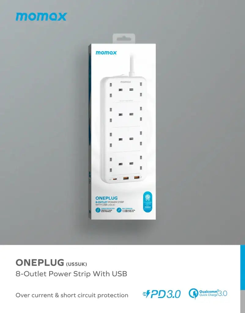 Momax ONEPLUG PD20W 2A1C 8 outlet strip - White - GulfStore.com
