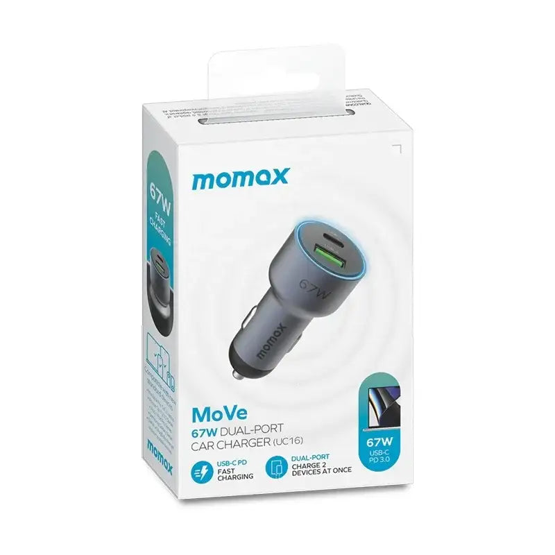 Momax MoVe 67W dual-port car charger - Grey - GulfStore.com