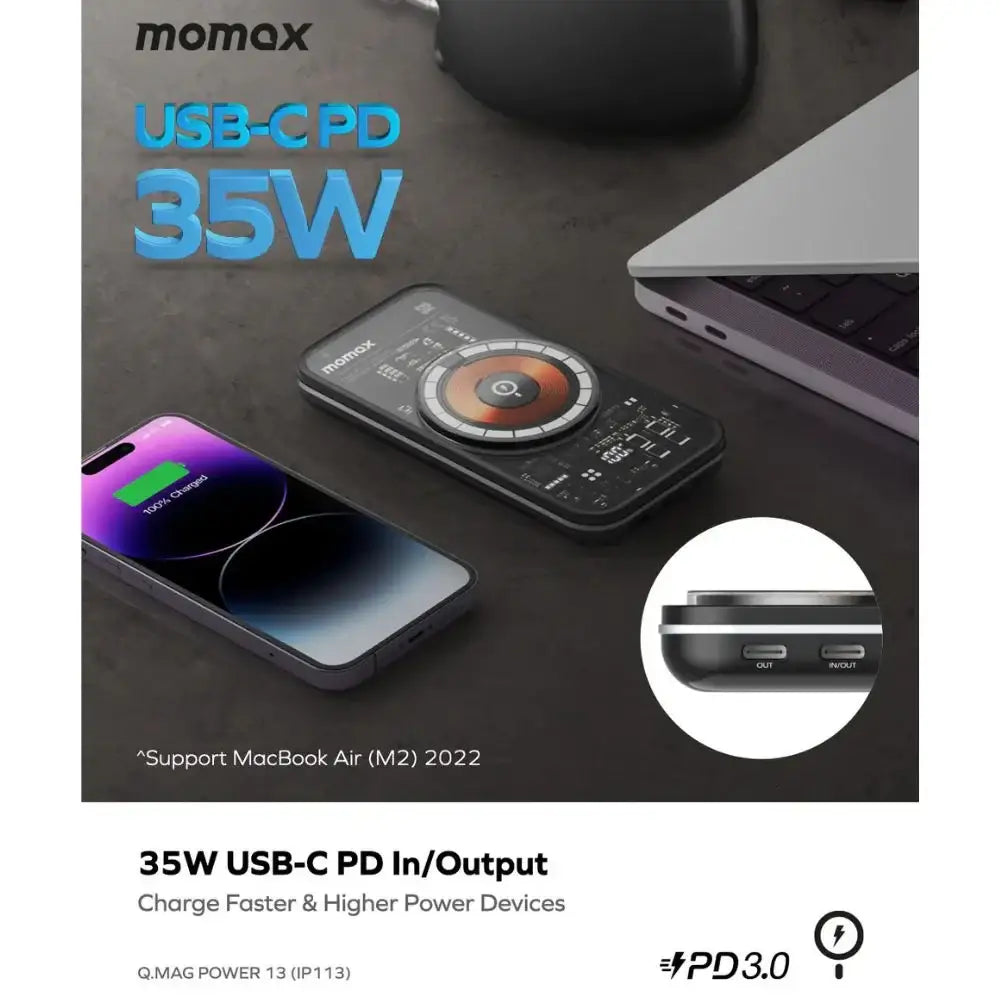 Momax Q.Mag Power 13 PD 35W 10000mAh Magnetic Power Battery Pack IP113DQ - GulfStore.com