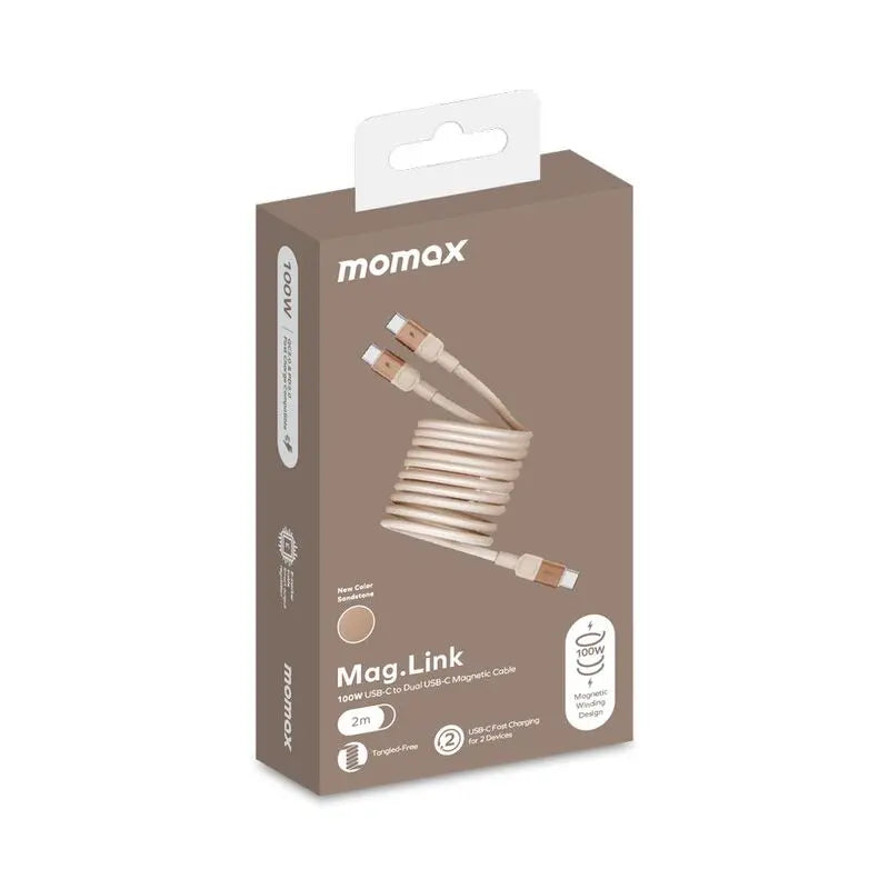 DC56L2 | Momax Mag.link 100W USB-C to Dual USB-C Magnetic Cable 2m | Desert Titanium