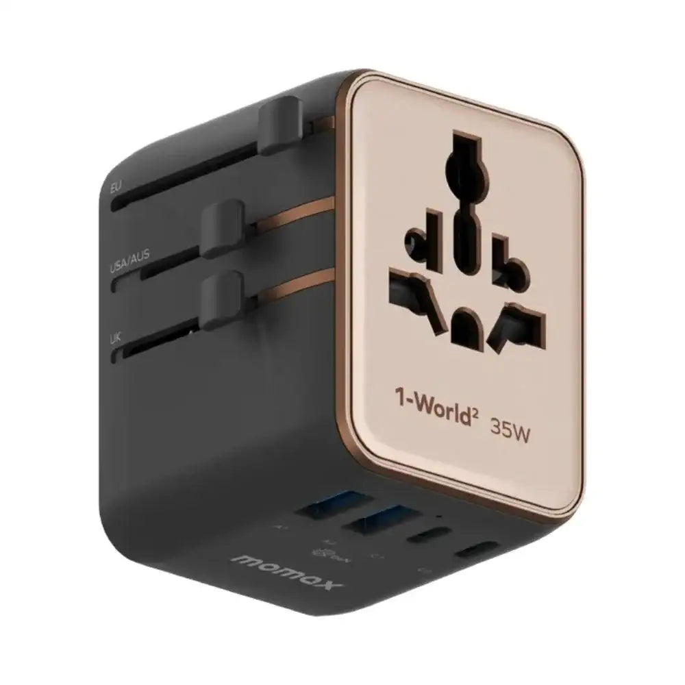 UA27L2 | Momax 1-World2 35W 5-Port Dual AC Travel Adaptor | Desert Titanium - GulfStore.com