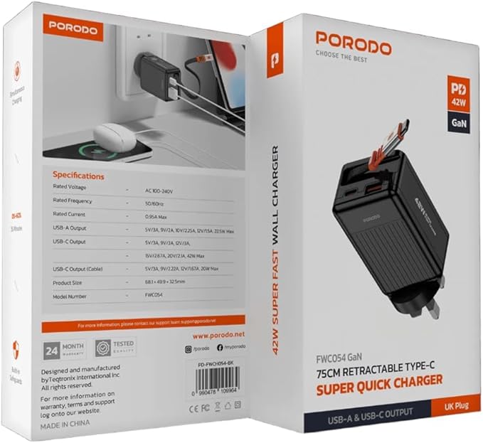 PD-FWCH054 | Porodo 75cm Retractable Type-C Super Quick GaN Charger | Black