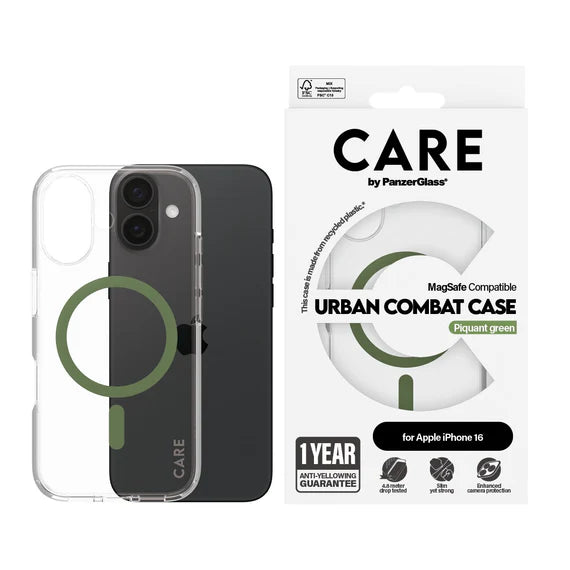 CARE™ by PanzerGlass® Urban Combat Case Transparent w. Green MagSafe iPhone 16