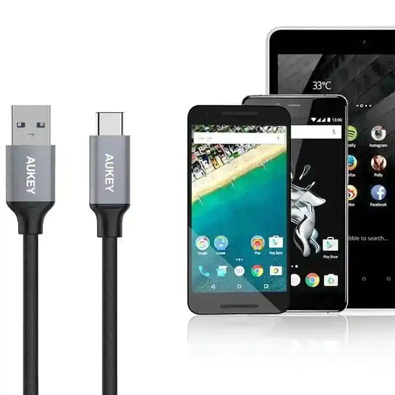 Aukey 3-Pack Braided Nylon USB 3.0 to USB-C Cables (1m / 3.3ft) - Black - GulfStore.com