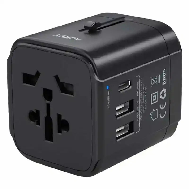 Aukey Universal Traver adapter 2 USB +1 USB-C - Black - GulfStore.com