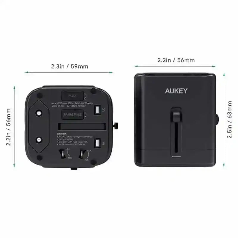 Aukey Universal Traver adapter 2 USB +1 USB-C - Black - GulfStore.com