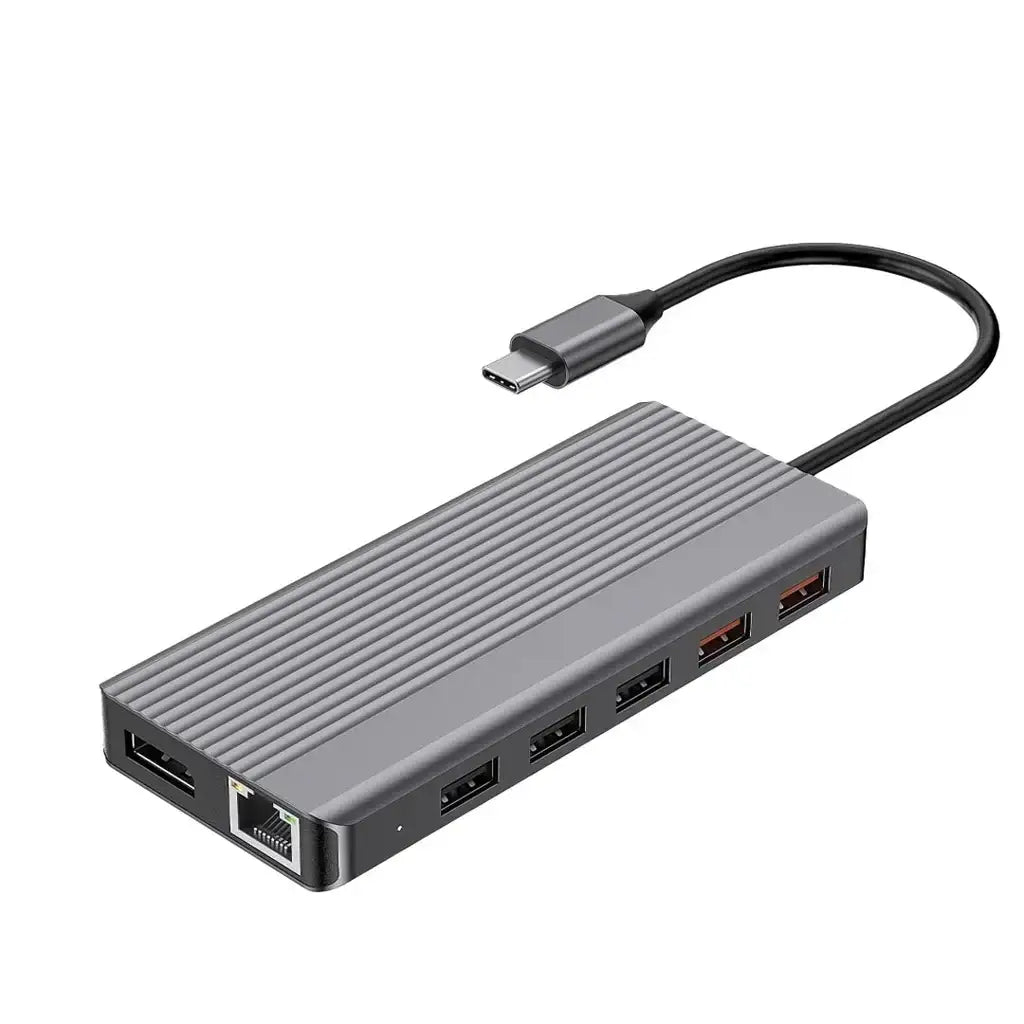 Powerology 12in1 USB-C Hub HDMI Type-C 100W PD Ethernet VGA USB SD MicroSD 3.5AUX - Dark - GulfStore.com