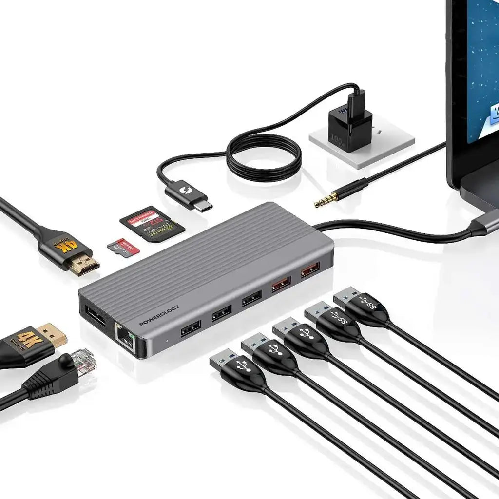 Powerology 12in1 USB-C Hub HDMI Type-C 100W PD Ethernet VGA USB SD MicroSD 3.5AUX - Dark - GulfStore.com